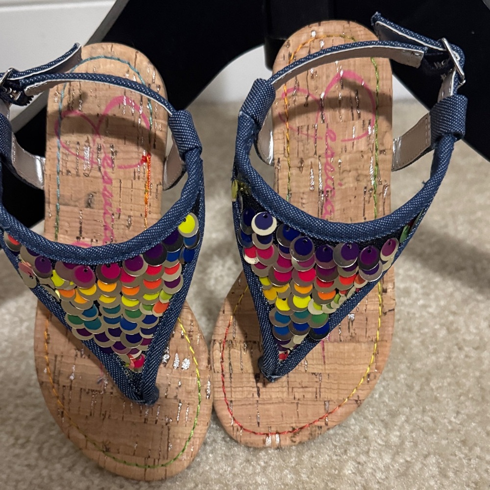 Jessica Simpson Navy T-Strap Sandals with Multicolor Sequin Scales